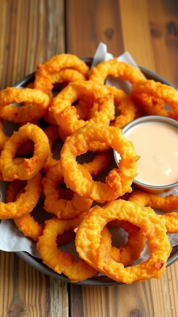 Crispy 2-Ingredient Onion Ring Chips Crispy onion ring chips served on a plate with dipping sauce, on a rustic wooden table.